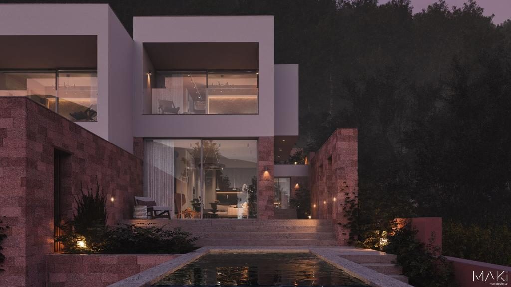 Ege'de yamaçta konumlanan modern villa projesi, gece görünümü